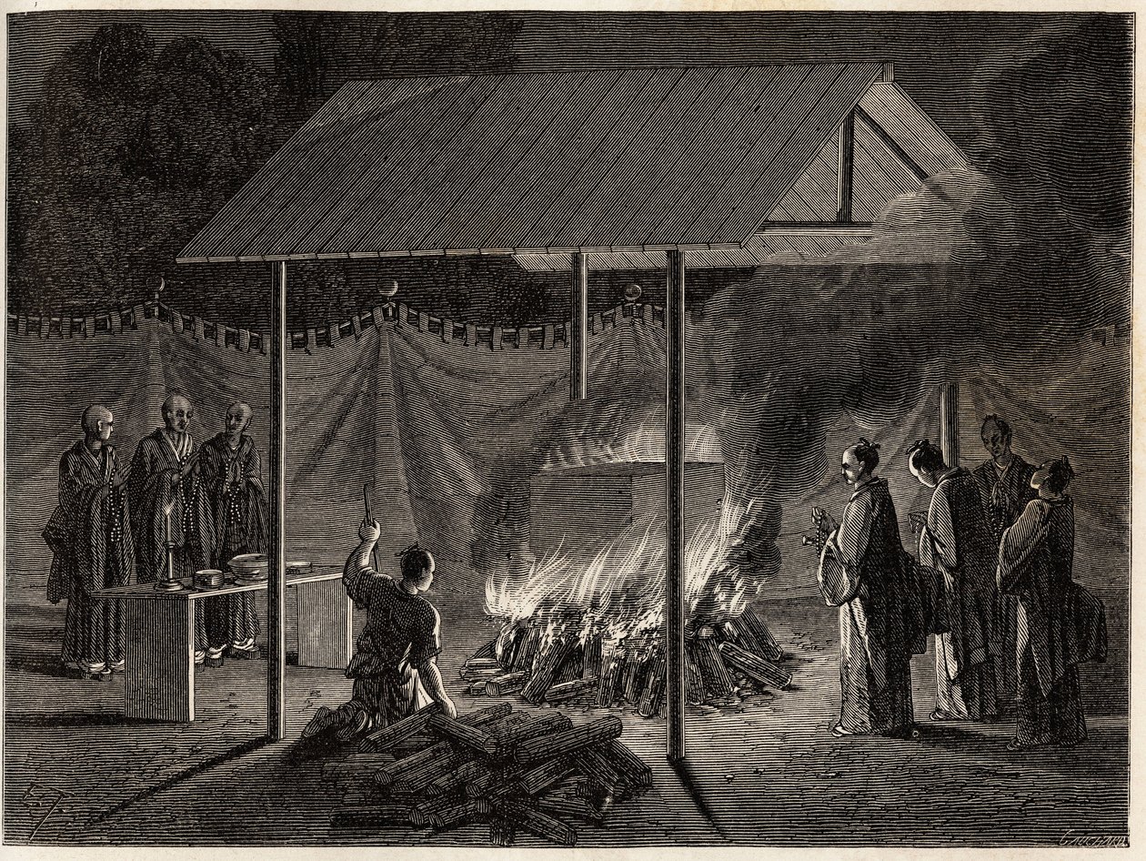 Begravningsceremonier: rituell förbränning. Gravyr för att illustrera resan till Japan 1863-1864, av Aime Humbert, minister för Schweiziska edsförbundet, i "Le tour du monde, nouveau journal des voyages", publicerad under ledning av Edouard Charton av Unknown artist