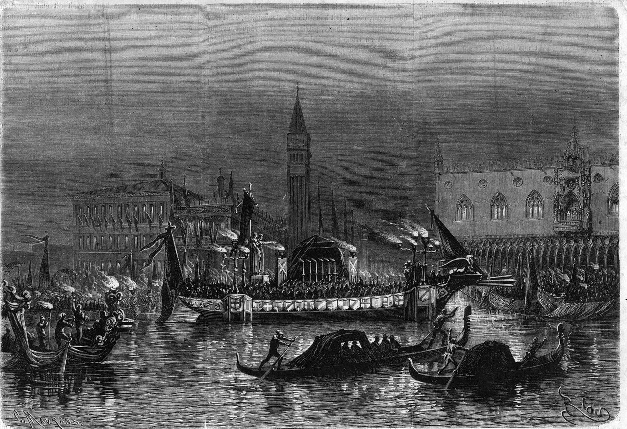 Begravning av Daniele Manin (1804-1857), som deltog i Risorgimento, i Venedig: bårhusgondolen som bär askan mot kyrkan St. Zacharia passerar framför det kungliga palatset. Gravyr i "" The Illustrious Universe"" av Unknown artist