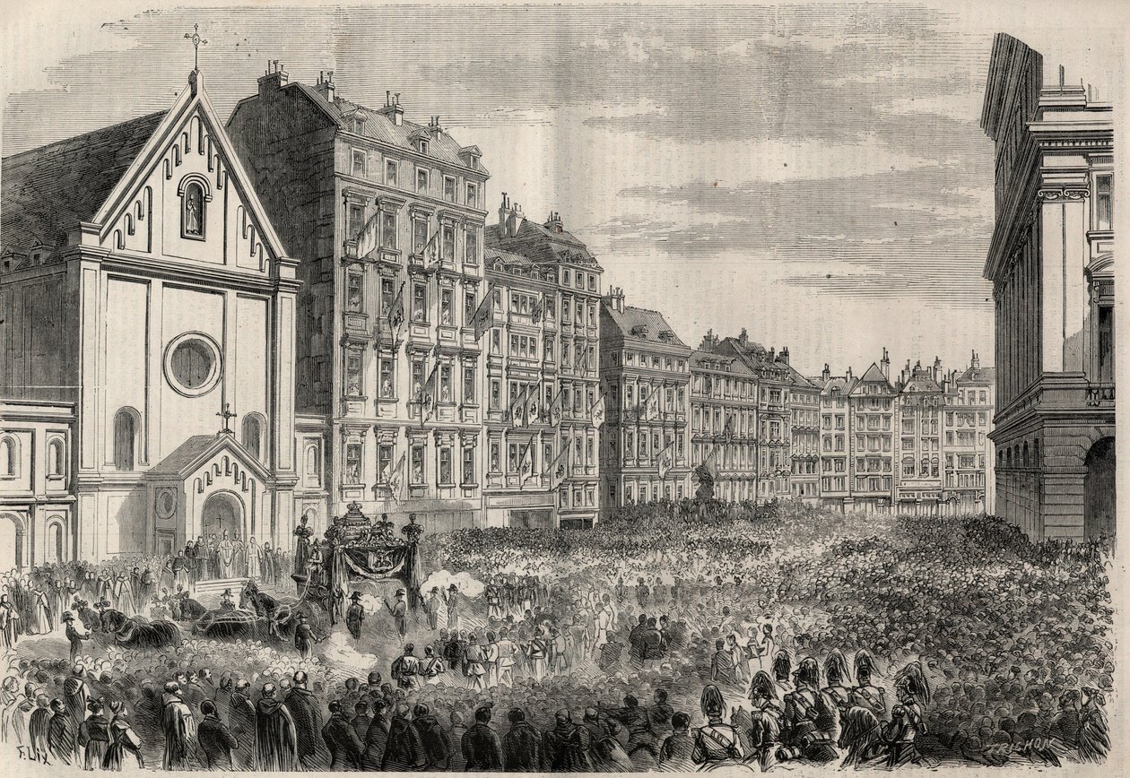 Begravning av kejsar Maximilian I av Mexiko (1832-1867): ankomst av begravningscortegen framför Kapucinerkyrkan i Wien. Gravyr i "" L