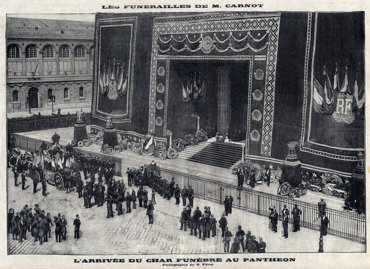 Begravning av Sadi Carnot (1837-1894), tidigare fransk president, vid Pantheon i Paris. Ankomst av begravningstanken. Gravyr i "" Le Parisien"" av Unknown artist