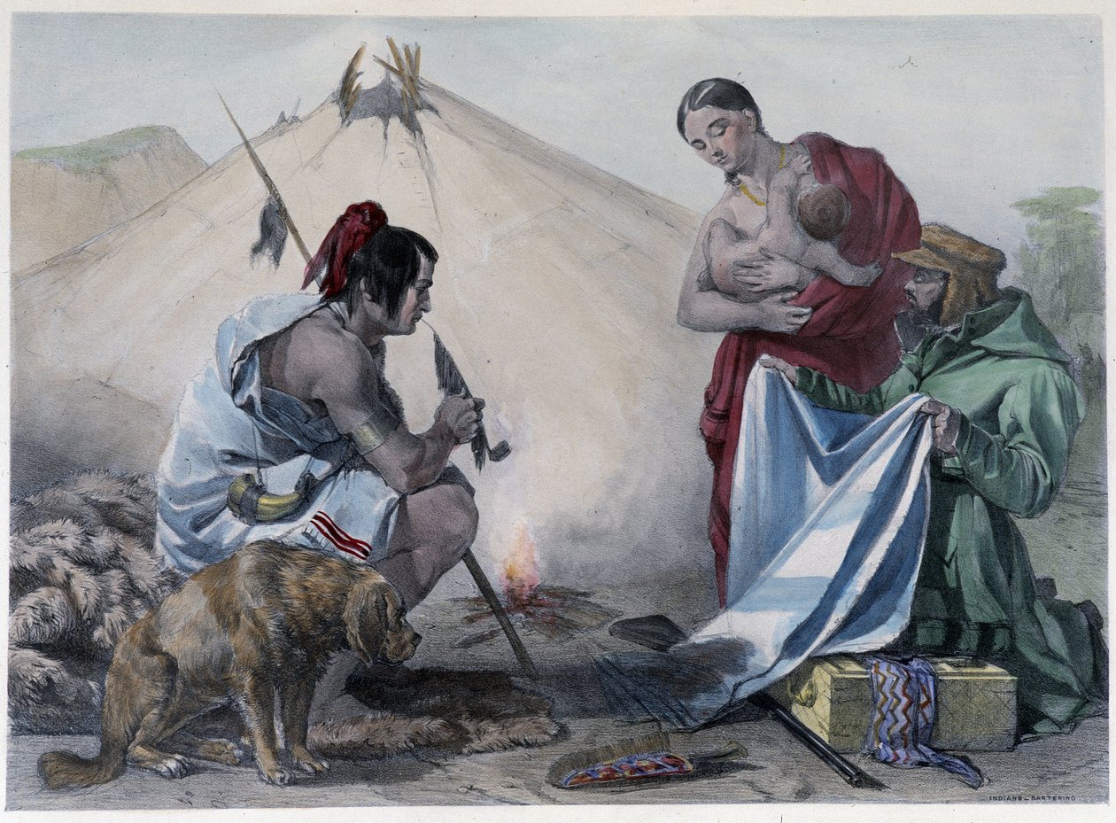 Pälsbyteshandel för tyg mellan kanadensiska Huron-indianer och den vita mannen - i "" Shyths sketcher in the Canadas"" av Coke Smyth, London av Unknown artist