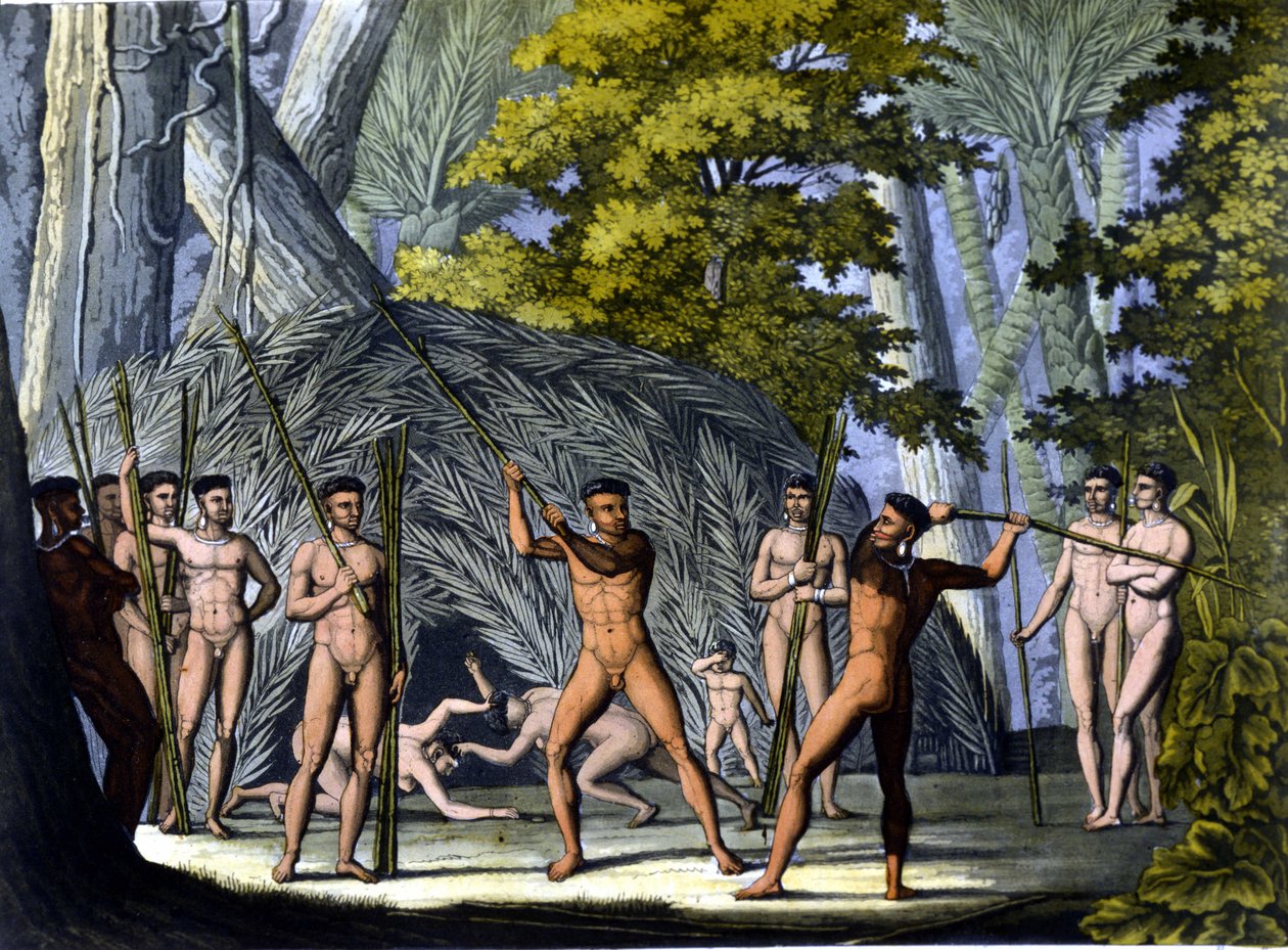 Futte mellan botocudos, indianer i Brasilien - i "" Den antika och moderna kostymen"" av Ferrario, red. Milano av Unknown artist