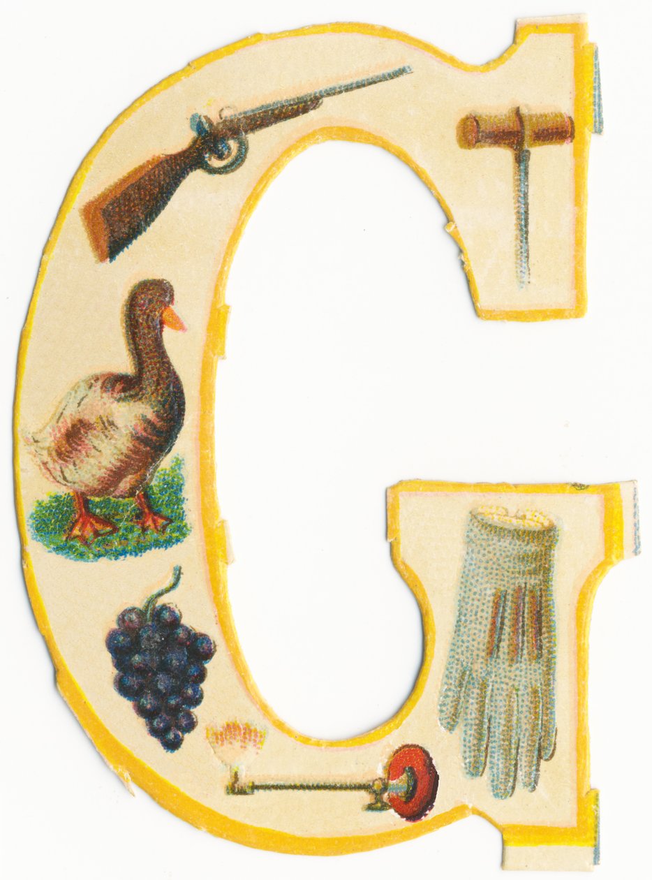 G: pistol, gimlet, gås, druva, gaslampa, handske (färglitografi). av Unknown artist