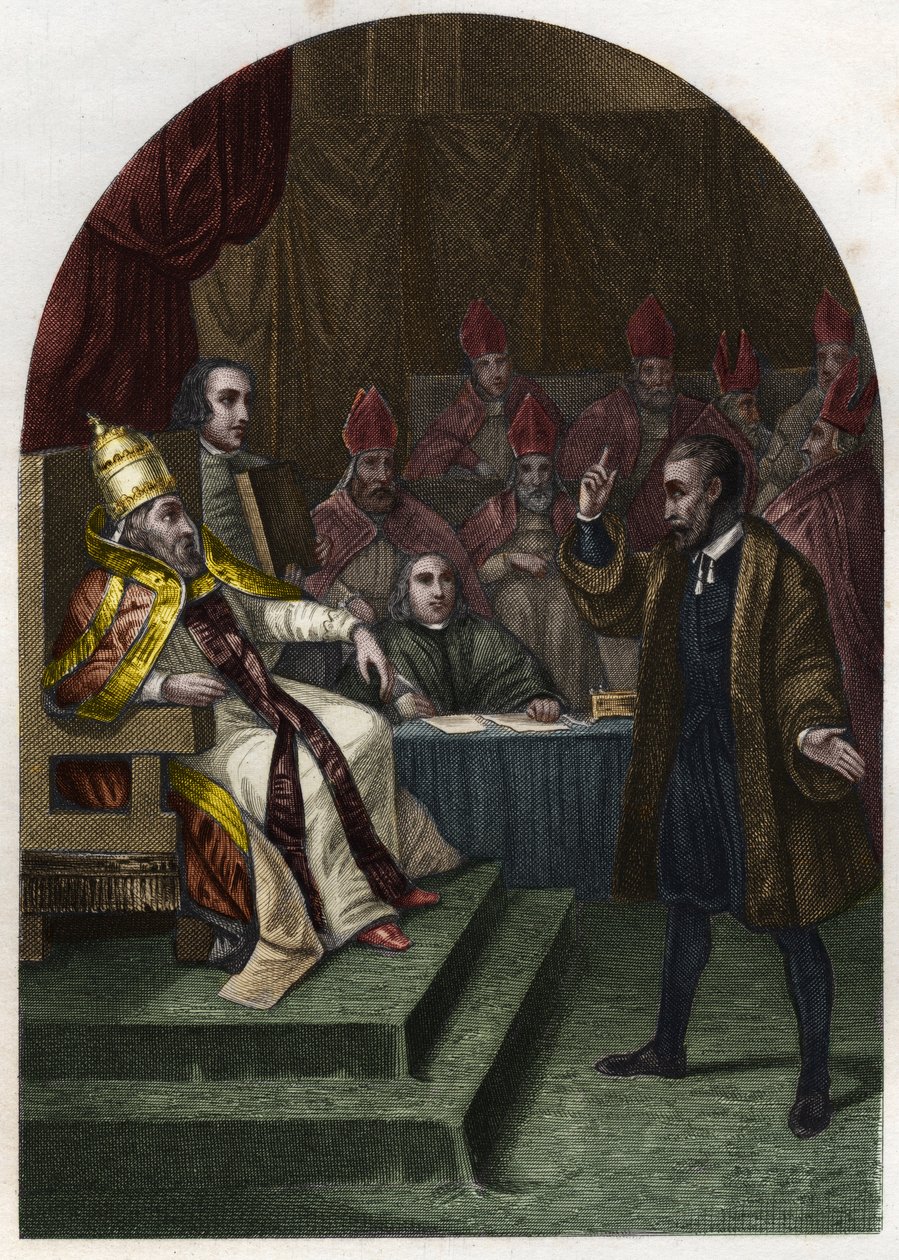 Galileo (eller Galileo Galilei (1564-1642) före påven Urban VIII 1633. (Urbano 8 Maffeo Barberini) Gravyr från 1842 i "Påvarnas historia"" av Maurice Lachatre. Privat samling. av Unknown artist