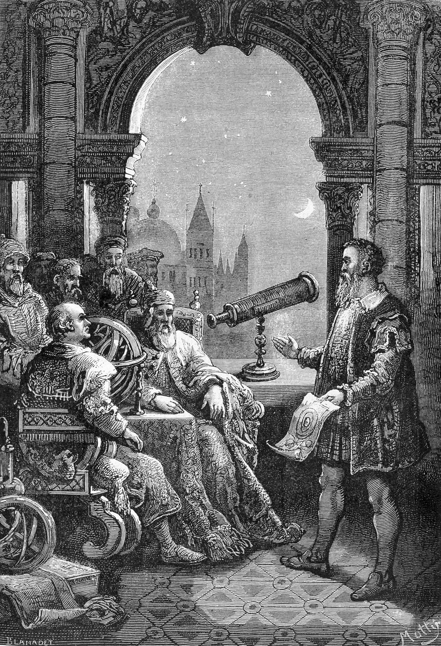 Galileo Galilei (Galileo) presenterar den första astronomiska ramen vid Dogen i Venedig. av Unknown artist