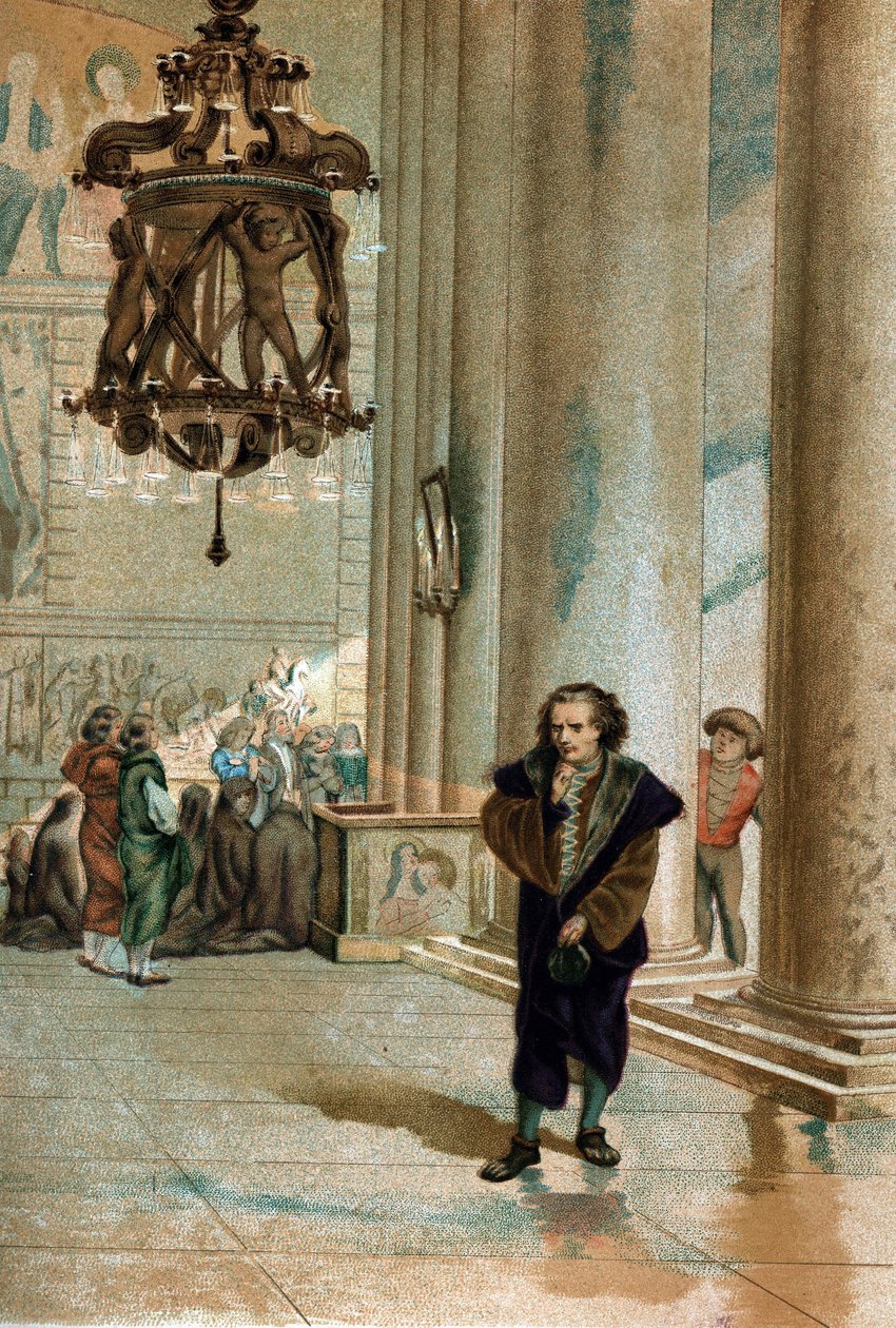 Galileo Galilei dit Galileo (1564 - 1642). observerar svängningen av lampan i katedralen i Pisa. från "The Science and its Men av Louis Figuier"" Barcelona 1881 av Unknown artist