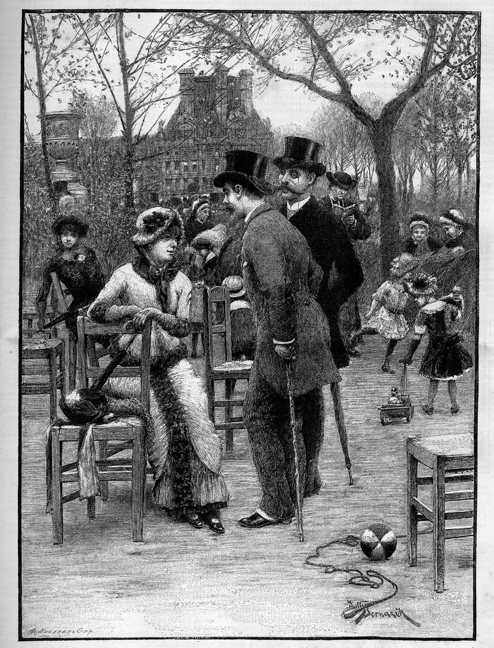 Galant samtal mellan två män och en ung kvinna, alla mycket eleganta, i Tuilerierna i Paris under sommaren. Gravyr i "" Le Monde Illustré"" av Unknown artist