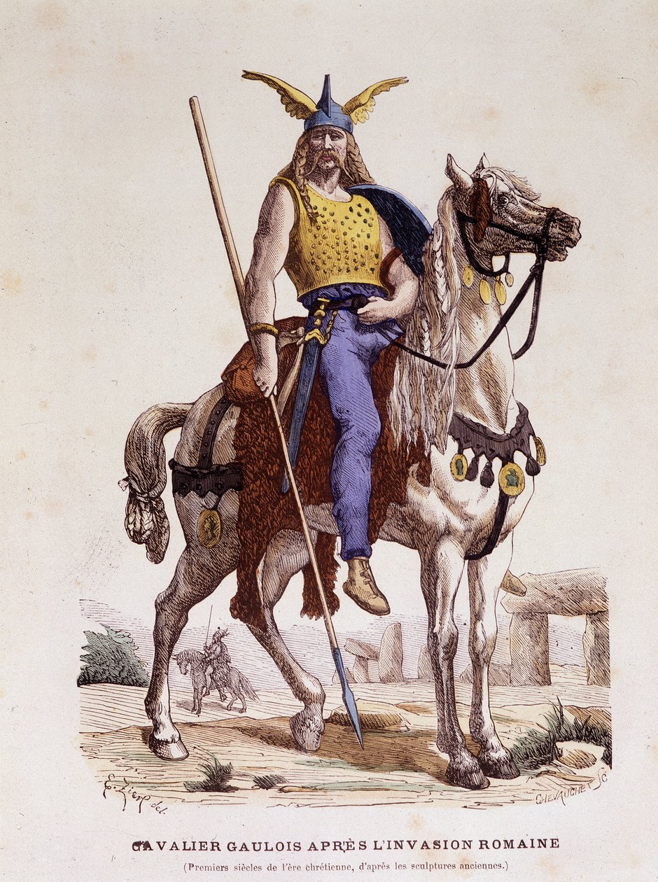 Gallisk ryttare efter den romerska invasionen - i "" Costumes de Paris genom århundradena"" av Unknown artist