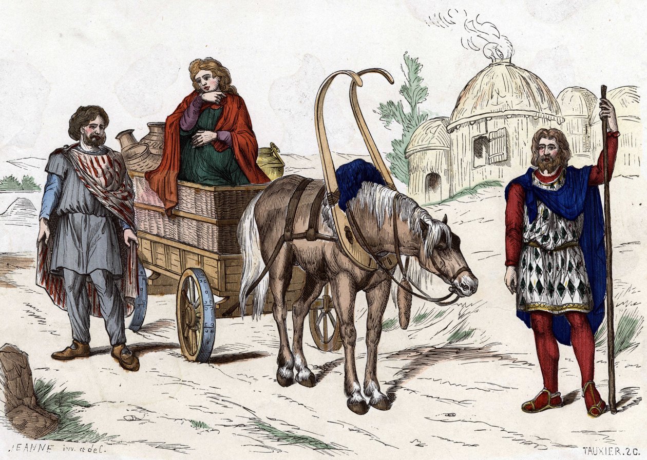 Galliska bostäder, kvinna, bonde, vagn, rik bonde, sele - i "" Civila och militära dräkter av fransmännen i genom århundradena Paris F. Roy 1882 ". av Unknown artist