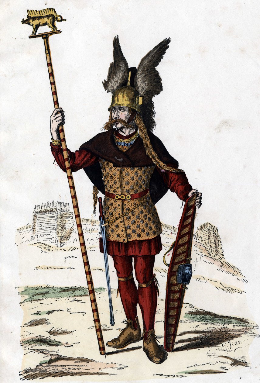 Gallisk ledare som bär krigstecken - i "Fransmännens civila och militära dräkter genom århundradena Paris F. Roy 1882". av Unknown artist