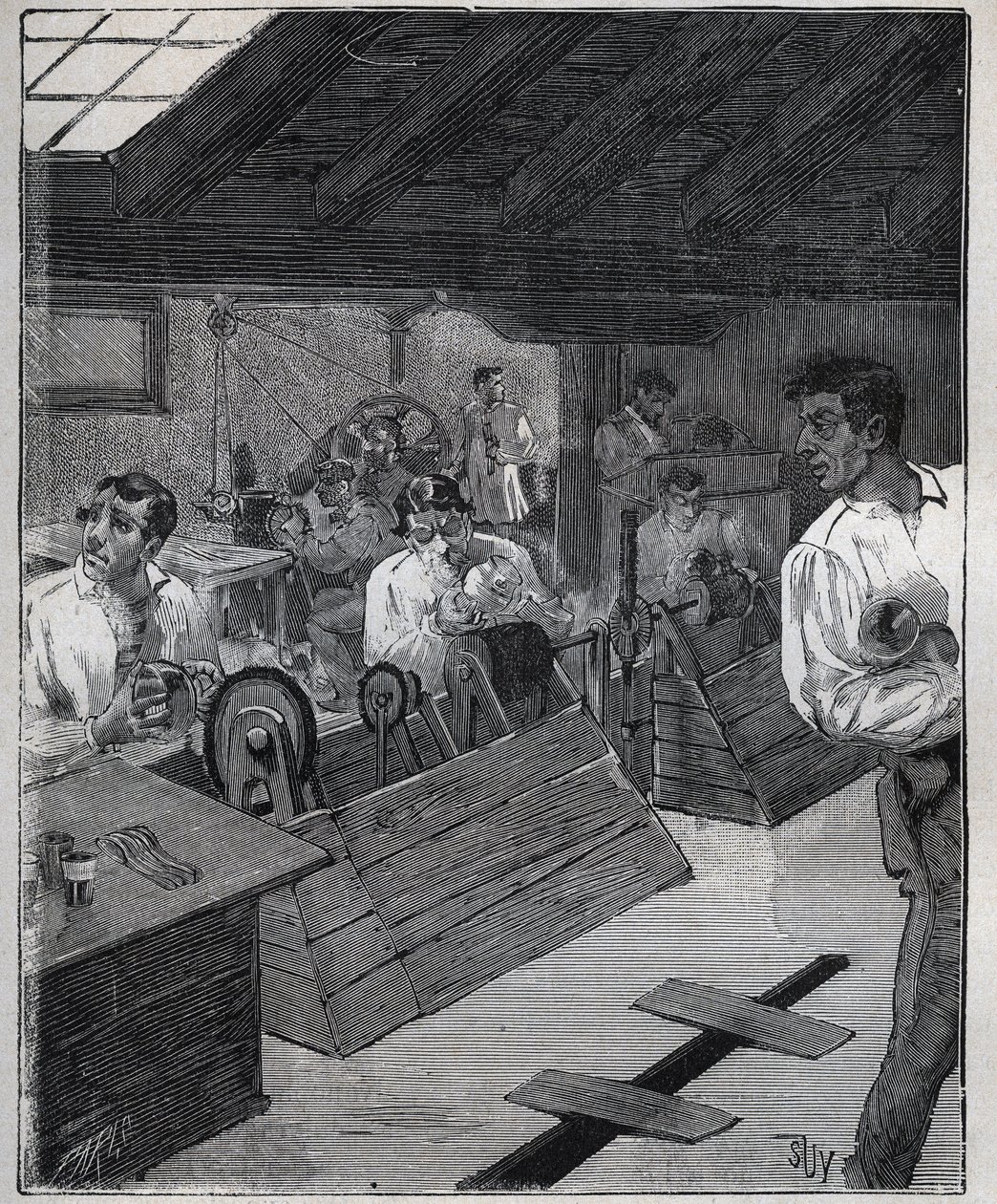 Galvanisk förgyllning: skrapa-boessage av guldjuveler med en skrapa-boesse. Gravyr från 1885 i "" Les arts et metiers illustres"" av Adolphe BITARD. av Unknown artist