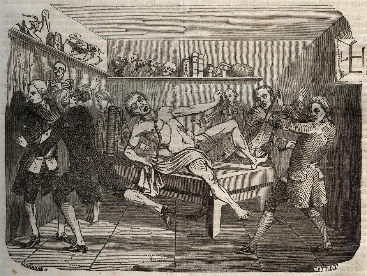 Galvanisering av liket av en bödel med högen av Alessandro (Alexandre) Volta: under påverkan av elektricitet verkar liket komma tillbaka till liv. Gravyr från 1856 i "" Le Musee Des Sciences"" av Unknown artist