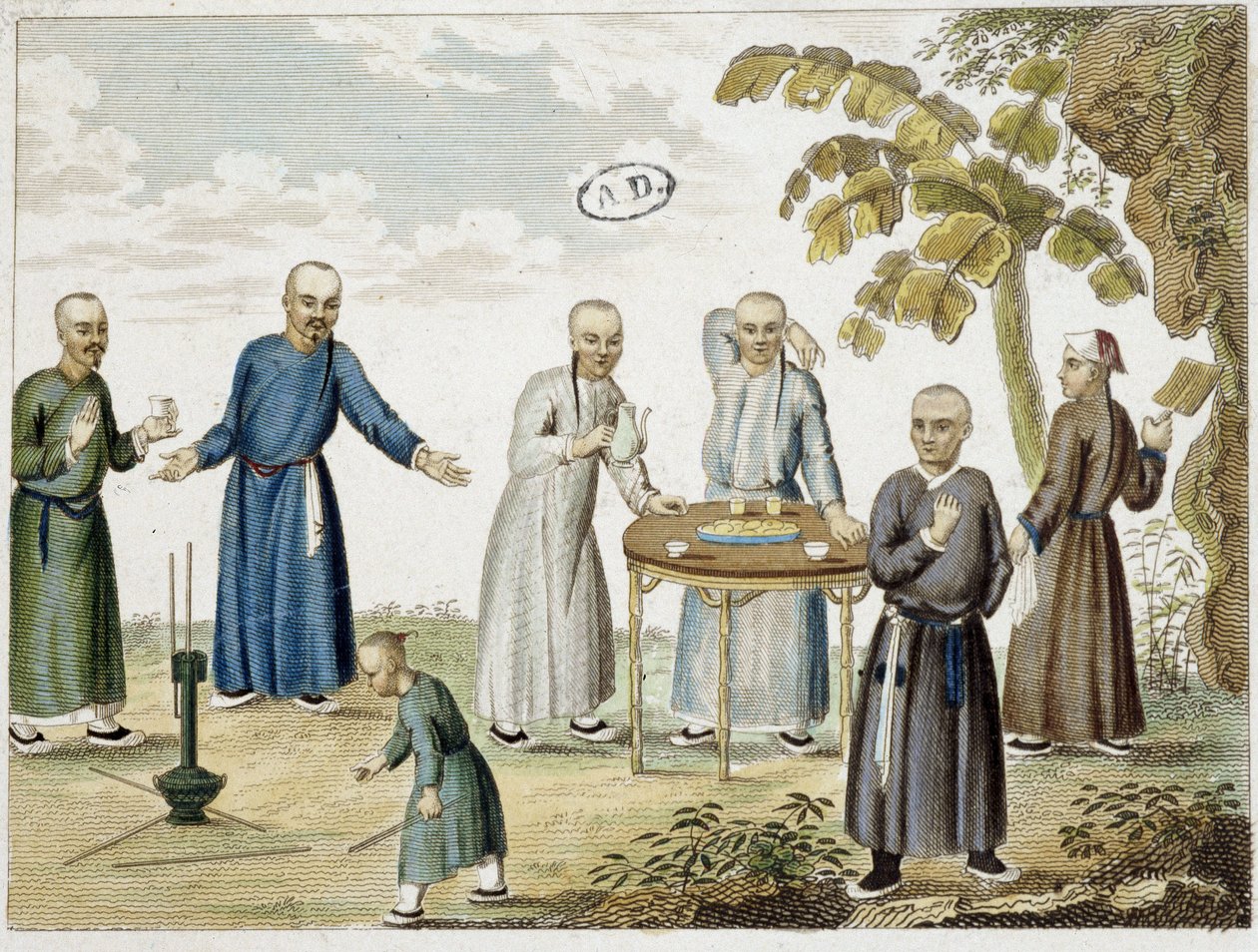 Spel och män som dricker te i Kina - s.d, grav. av Unknown artist