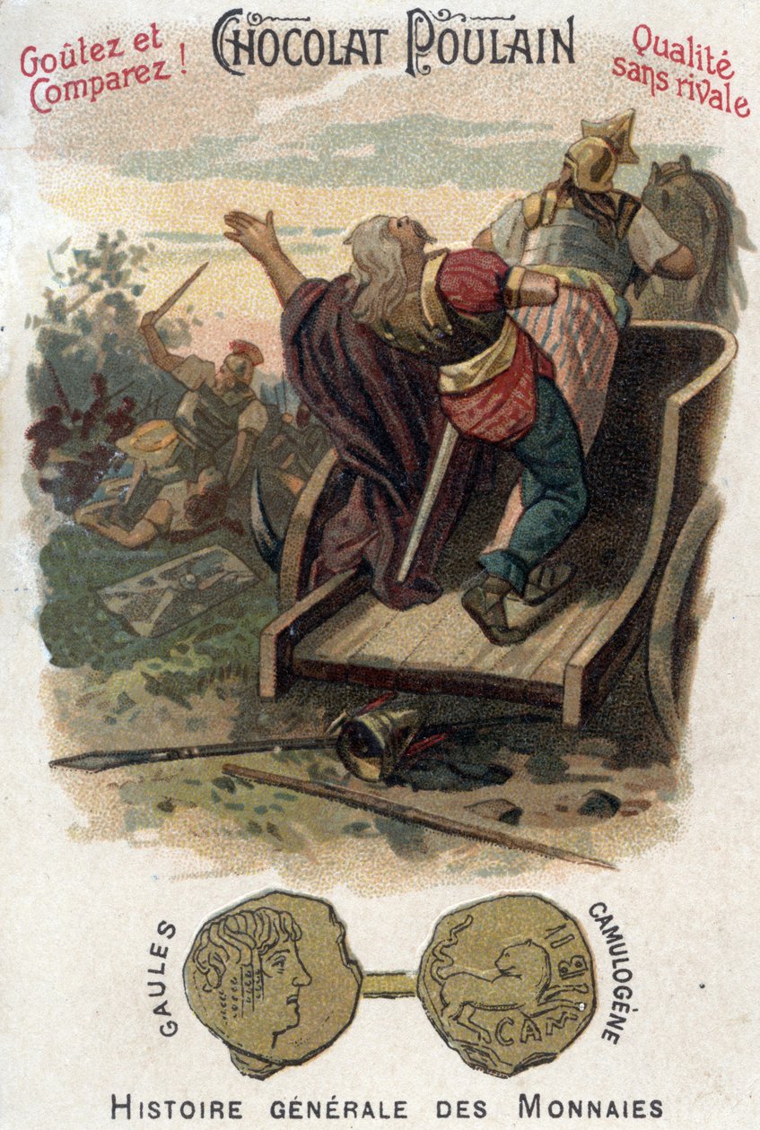 Gallien Aulerque: Slaget vid Lutece mellan Camulogene och Labienus 53 f.Kr. I Myntens allmänna historia. Choklad-fölkromolitografi från slutet av 1800-talet. Privat samling. av Unknown artist