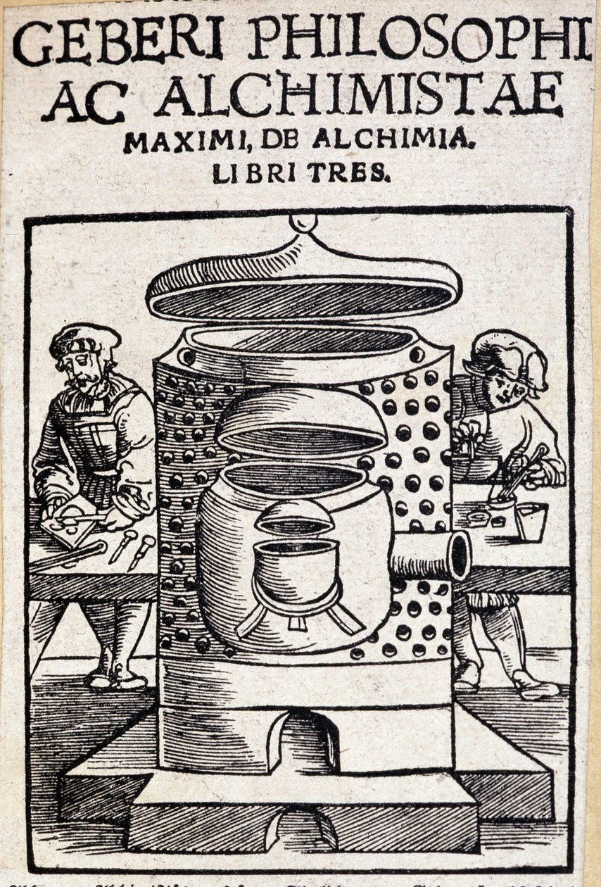 Geberi philosophi ac alchimistae titelsida för en alkemiaffär. Geber (v721-v815), arabisk alkemist av Unknown artist