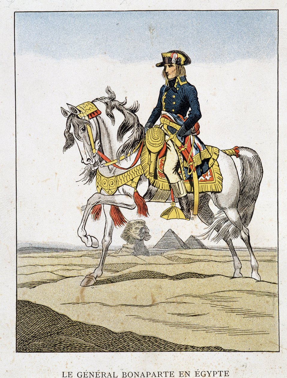 General Bonaparte i Egypten, ett porträtt som rider framför pyramiderna och sfinxen. av Unknown artist