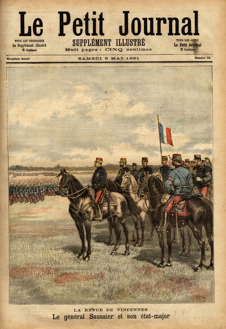 General Felix Gustave (Felix-Gustave) Saussier (1828-1905) och hans stab granskade trupperna vid Vincennes. Gravyr i "" Le petit journal illustrious"" 1891-05-09. Selvas samling. av Unknown artist
