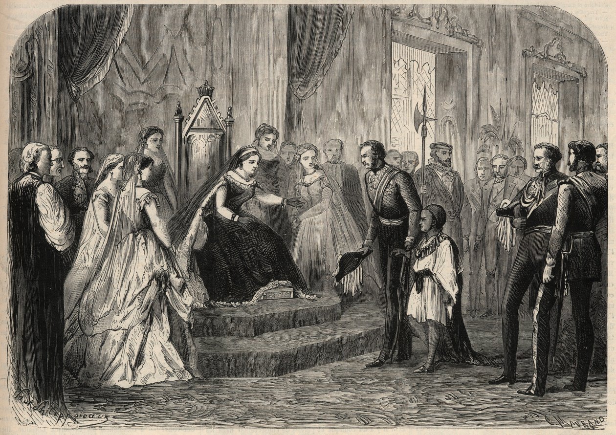 General Robert Cornelis (Cornelius) Napier (1810-1890) introducerade Leul Alemayehou Tewodros (1861-1879), son till den etiopiske negus Theodoros II (Tewodros), för drottning Victoria Iere (1819-1901). Gravyr i "The Universe Illustrious" av Unknown artist