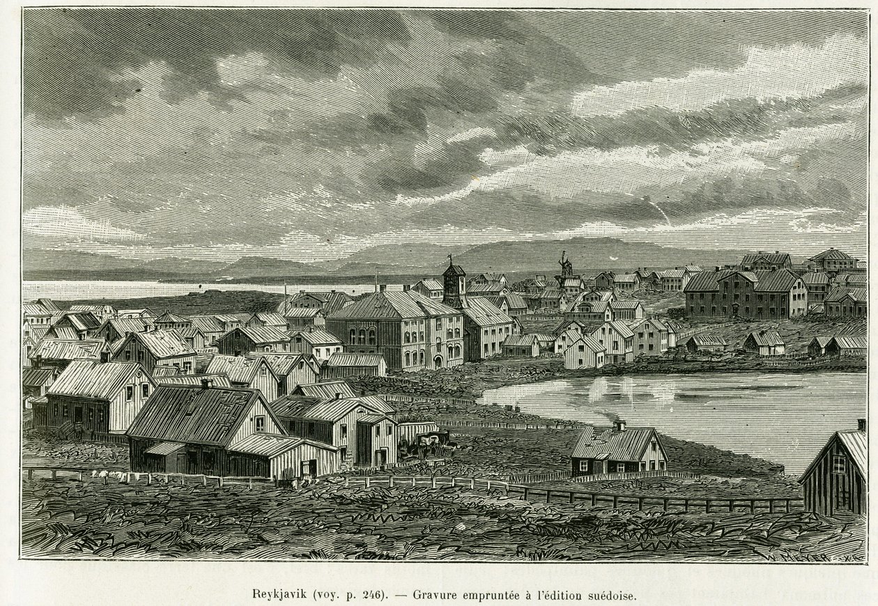 Översikt över Reykjavik. Gravyr för att illustrera historien Professor Nils Adolf Eriks (Eric) baron Nordenskjold (Nordenskiold) (1832-1901) nya expedition på Grönland, av Charles Rabot, i tour du monde 1886, under ledning av Edouard Char av Unknown artist