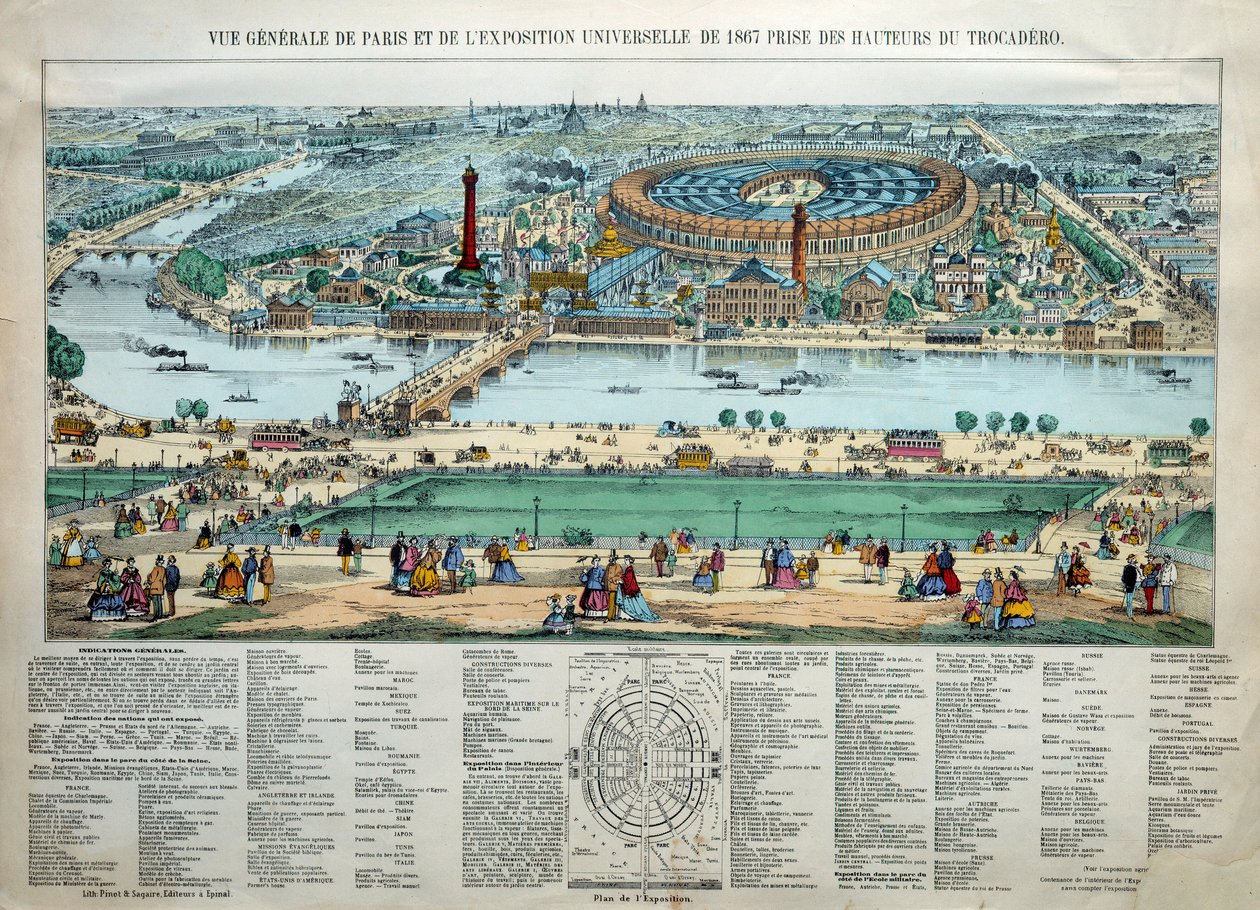 Översikt över världsutställningen 1867 i Paris. Längst ner: parken för militärskolan Champ de Mars. Gravyr Paris, Musee Carnavalet av Unknown artist