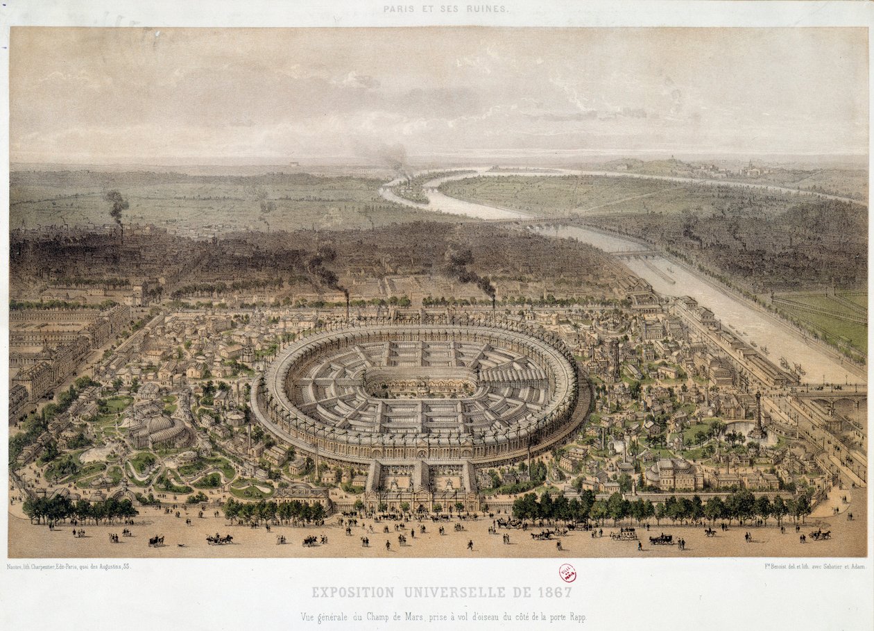 Översikt över världsutställningen 1867 från Trocadero i Paris: Champ de Mars och Ienas bron som korsar Seine. Litografi från 1800-talet. Paris, Musée d