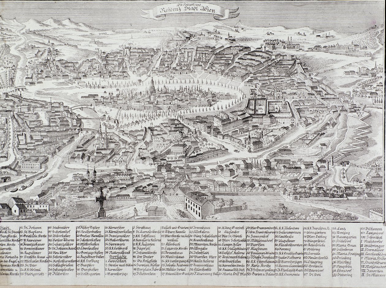 Allmän vy över staden Wien med detaljer om huvudbyggnaderna och monumenten. Österrike Gravyr från 1800 privatsamling av Unknown artist