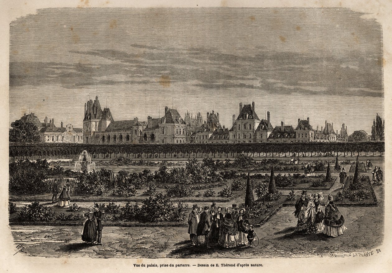 Översikt över slottet och trädgårdarna i Fontainebleau, tagen från golvet. Gravyr för att illustrera en beskrivning av slottet och skogen i Fontainebleau, 1867, av M.Pays, i "Le tour du monde, nouveau journal des voyages"" publicerad under dire av Unknown artist