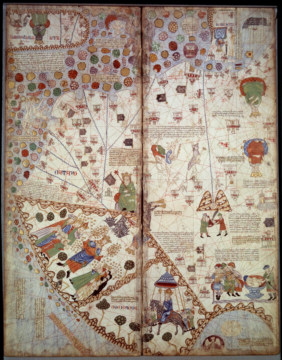 Geografisk karta: Kina, Ganges Valley, Sumatra, Ceylan. Catalan Atlas (katalansk karta) (Spanien). Manuskript från 1375 (Folio 2v - folio 3) av Abraham Cresques. BN, Paris av Unknown artist