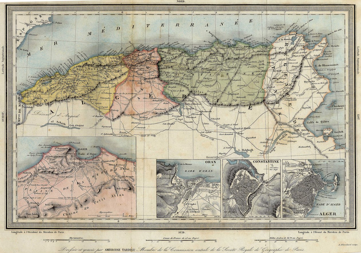 Geografisk karta över Algeriet och detaljer om provinserna Alger, Oran och Konstantin, realiserad av Amboise Tardieu av Unknown artist