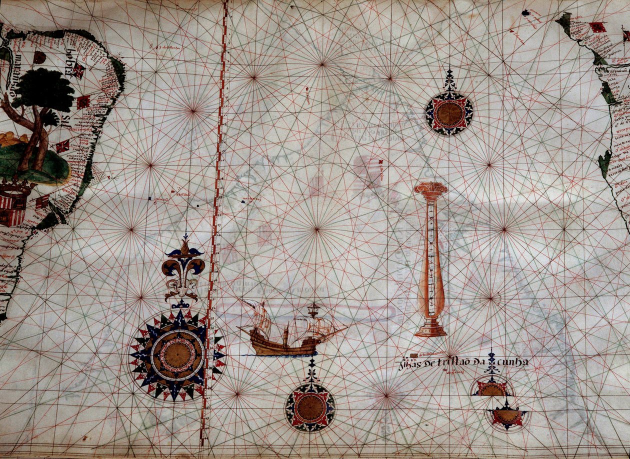 Geografi: detalj av en navigeringskarta över Luis Lazare (1500-talet) som representerar öarna i Tristan da Cunha-skärgården (eller Tristan d