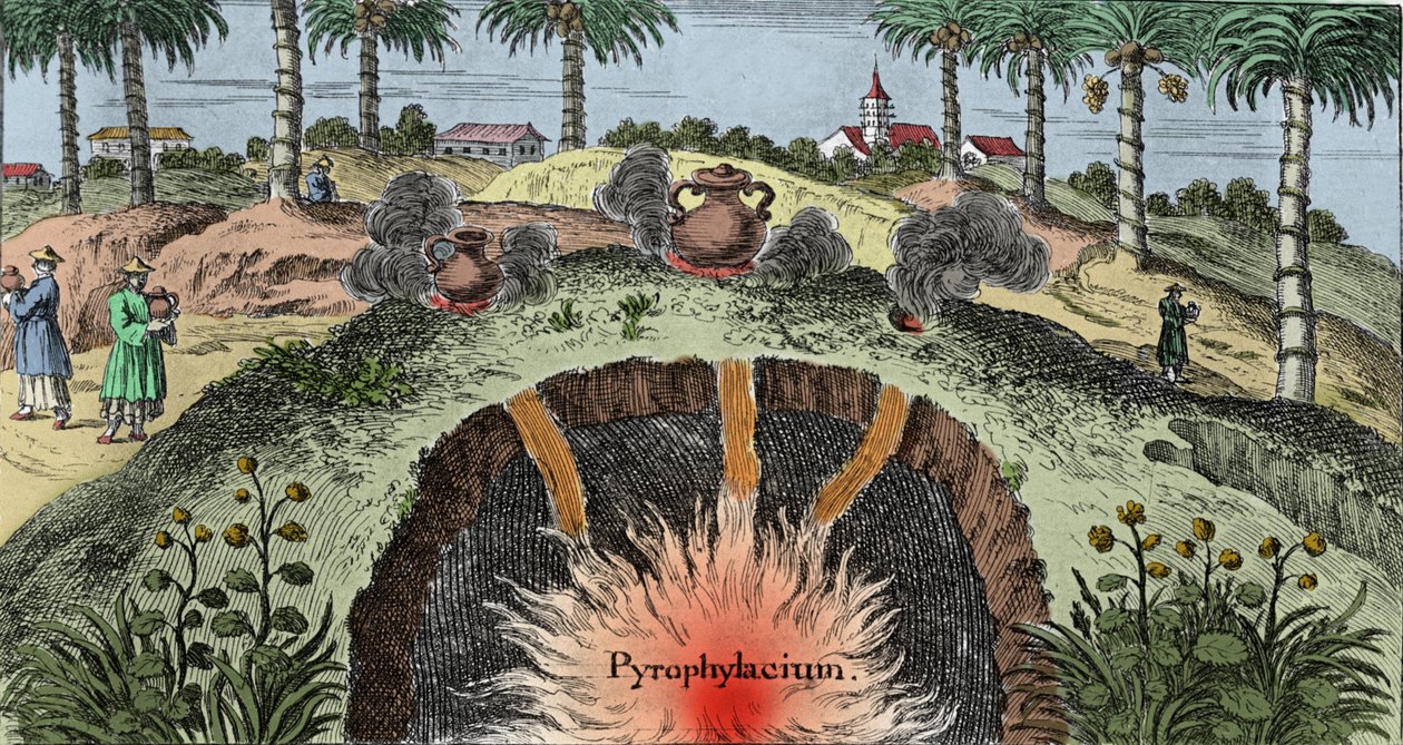 Geologi: skära av jordens bark som förklarar eldens utträde från jorden. Gravyr från "Mundi Mirabilis Oeconomia"" av Johann Zahn (1631-1707) av Unknown artist