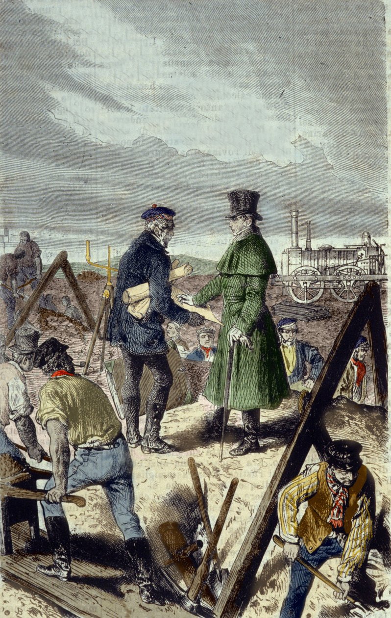 Georges Stephenson (1781-1848), engelsk ingenjör, byggare av Liverpool Manchester Road med sitt första lokomotiv. av Unknown artist