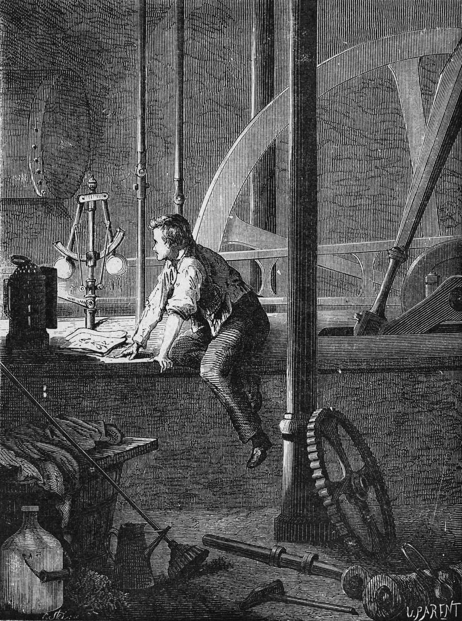 Georges Stephenson, en förararbetare i Newcastle, demonterar och reparerar sin ångmaskin. I” Album de la Science”, Éditions Jouvet av Unknown artist