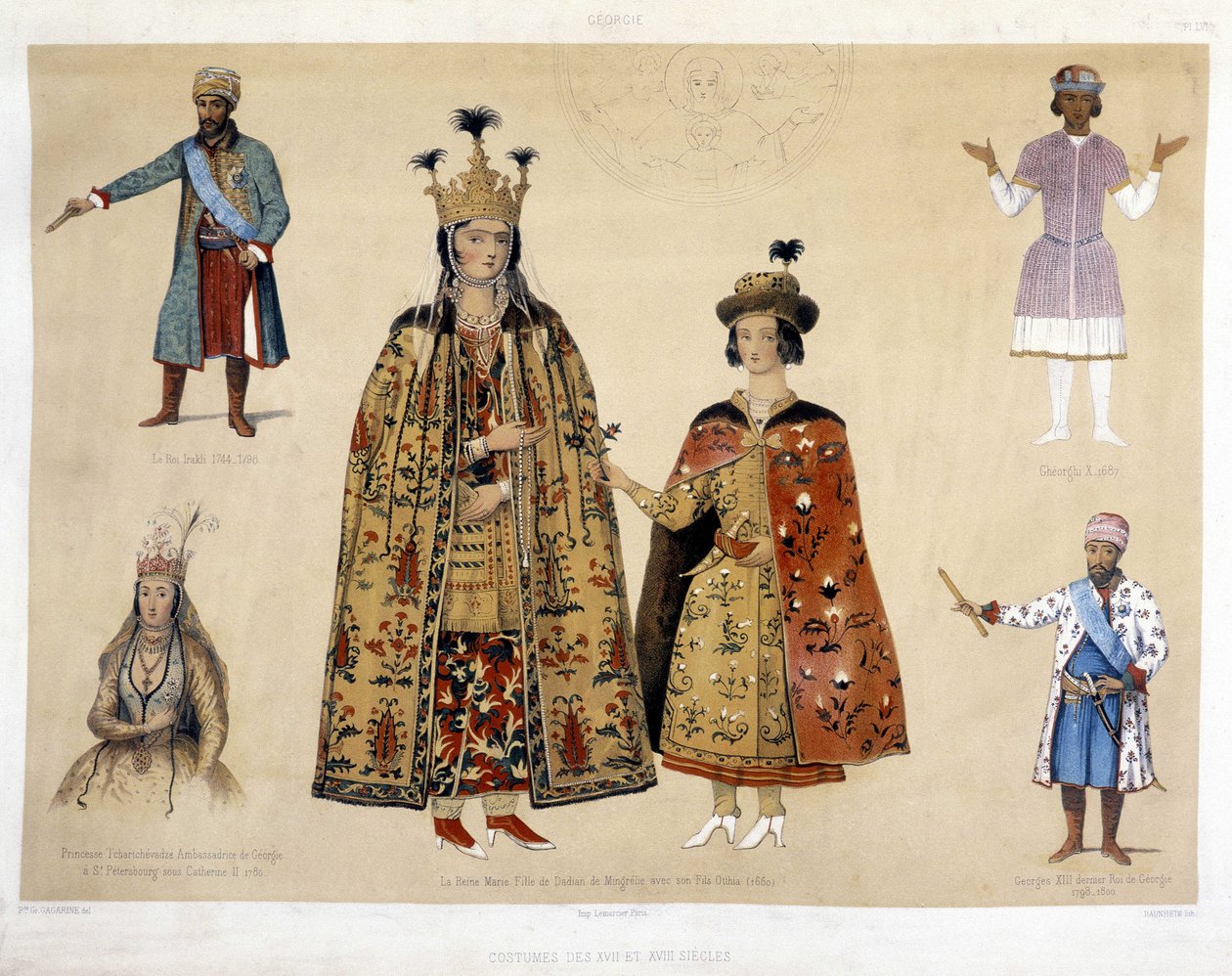 Georgisk kostymtavla på 1500- och 1600-talen: kung Irakli (1744 - 1798), Gheorghi X (1687), prinsessan Chartchevadze (georgiens ambassadör till St. Petersburg under Katarina II 1780), drottning Mary (dotter till Dadian av Mingrelie med henne) son Otthia 1 av Unknown artist