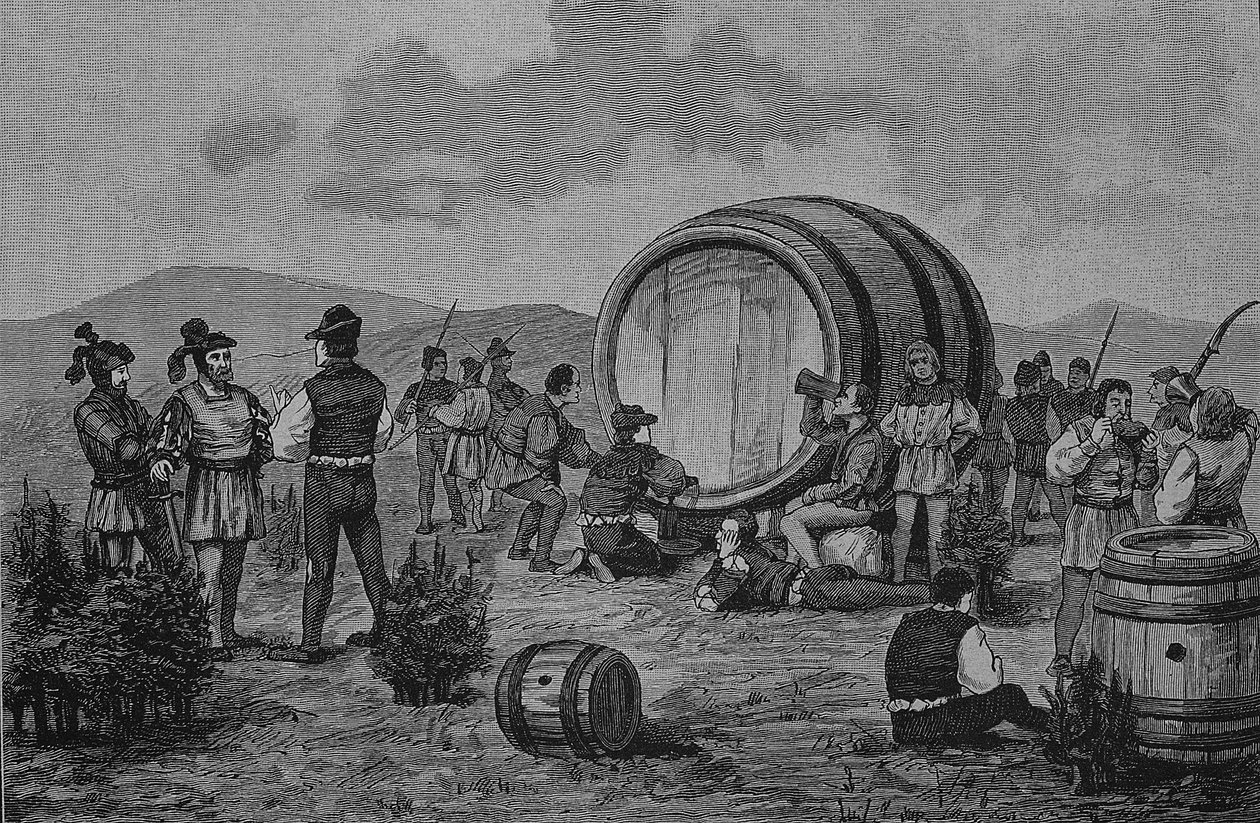 Tyska bondekriget (1524-1526): Bönder slår läger på enbuskarna med ett stort vinfat av Unknown artist