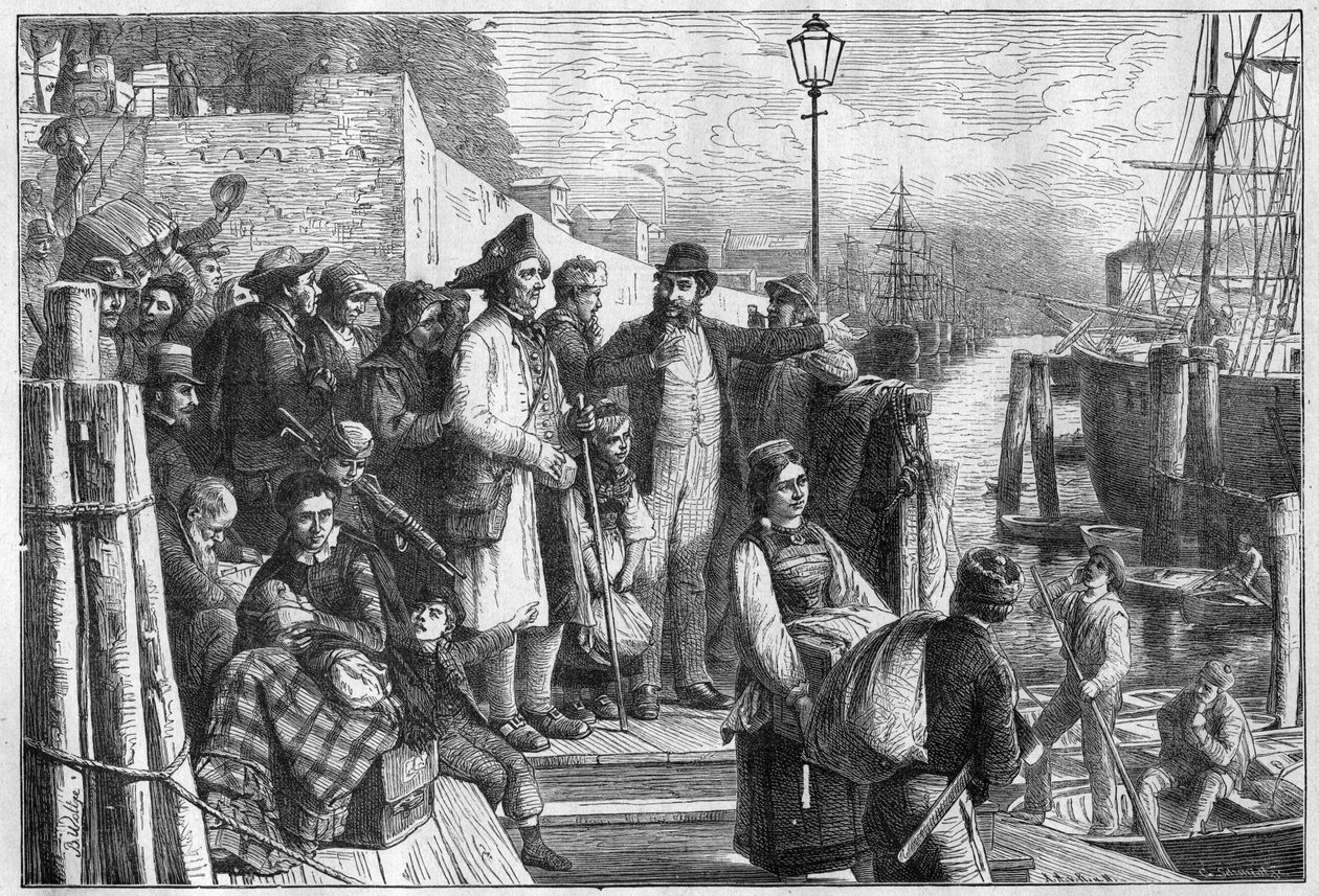 Tyska emigranter för New York som går ombord på Hamburgs ångbåt 1874, gravyr - (Deutsche Emigranten) av Unknown artist