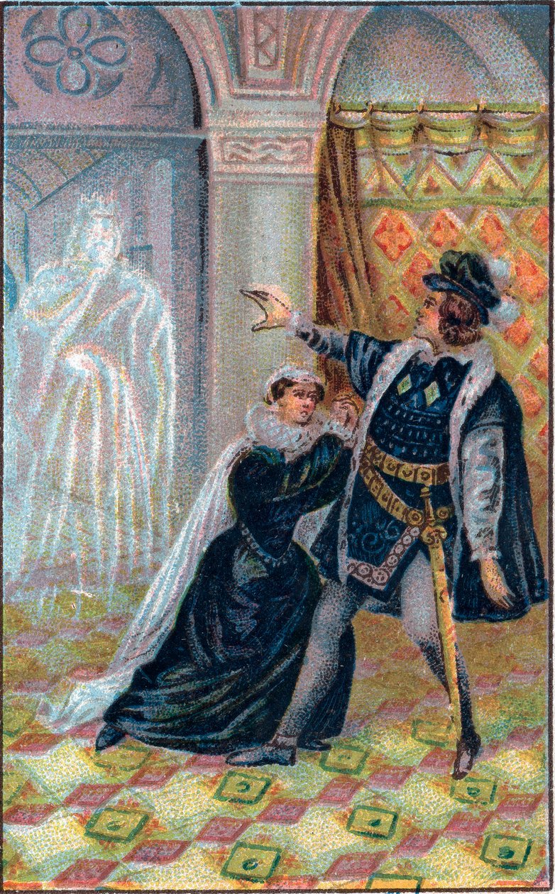 Gertrude, Hamlet och Hamlets fars spöke. I "" Hamlet", av William Shakespeare. Kromolitografi från slutet av 1800-talet. av Unknown artist