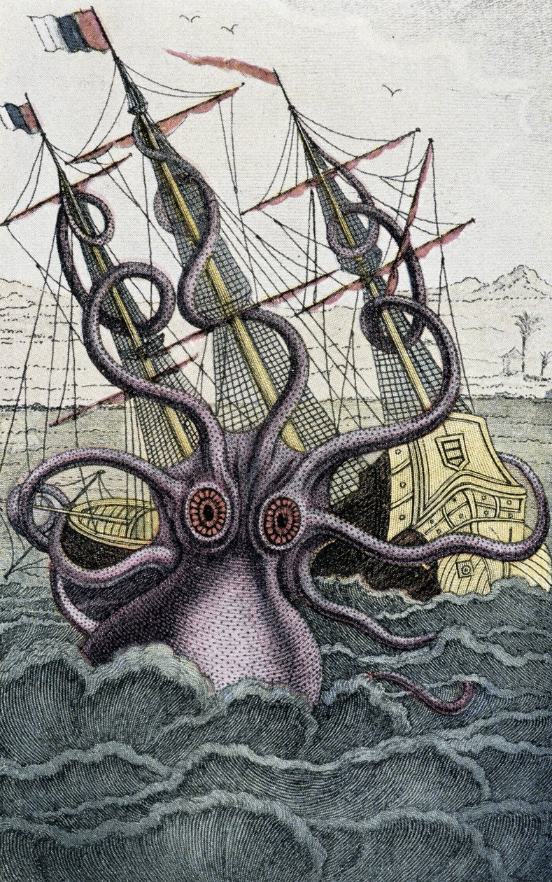 Jättebläckfisk (Kraken) attackerar ett skepp - från Denys-Montfort i "Histoire naturelle des mollusques", Paris av Unknown artist