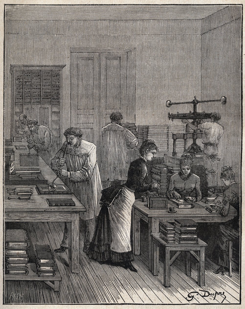 Förgyllning av böcker (omslag) i järn i en verkstad i Frankrike på 1800-talet. Gravyr från 1885 i "" Les arts et metiers illustres"" av Adolphe BITARD. av Unknown artist