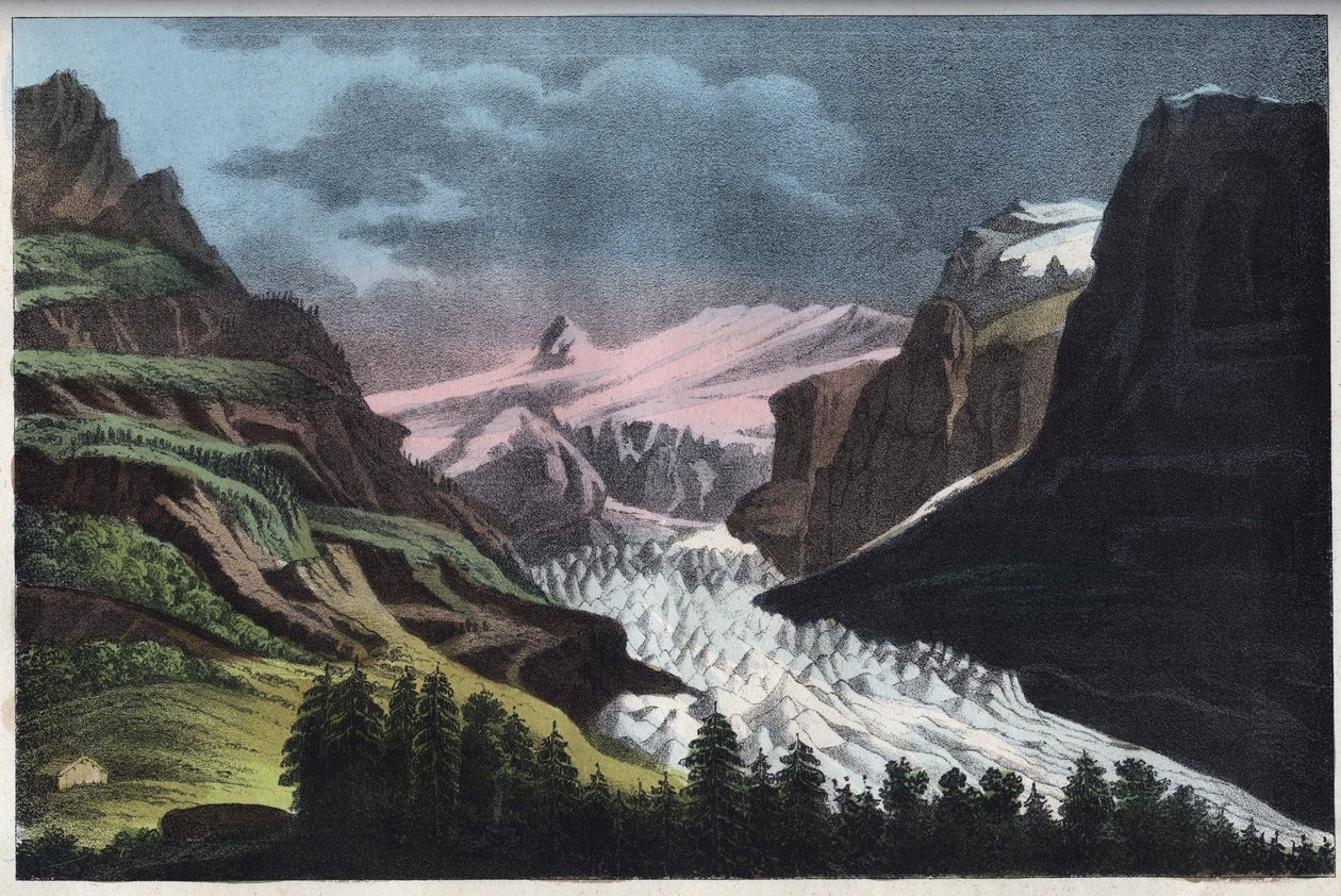 Glacier de Grindelwald i Schweiz - Schweiz, Grindelwald glaciär på 1800-talet - gravyr från "" Seder och traditioner för alla folk i universum. Det är historien om regeringen, om lagarna, om milisen, om religionen från alla nationer av Unknown artist