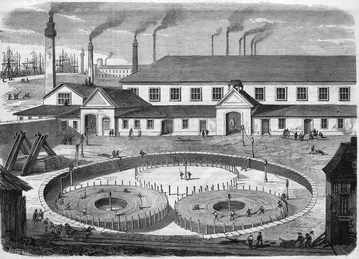 Glas Eiliot elkabelfabrik i Greenwich. Lindning av kabeln i bassängerna innan transport på fartyget "" leviathanen"". Gravyr från 1865. av Unknown artist
