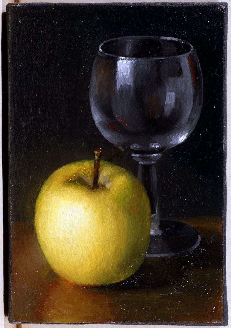 Glas och gult äpple - Stilleben, Olja på duk av Unknown artist