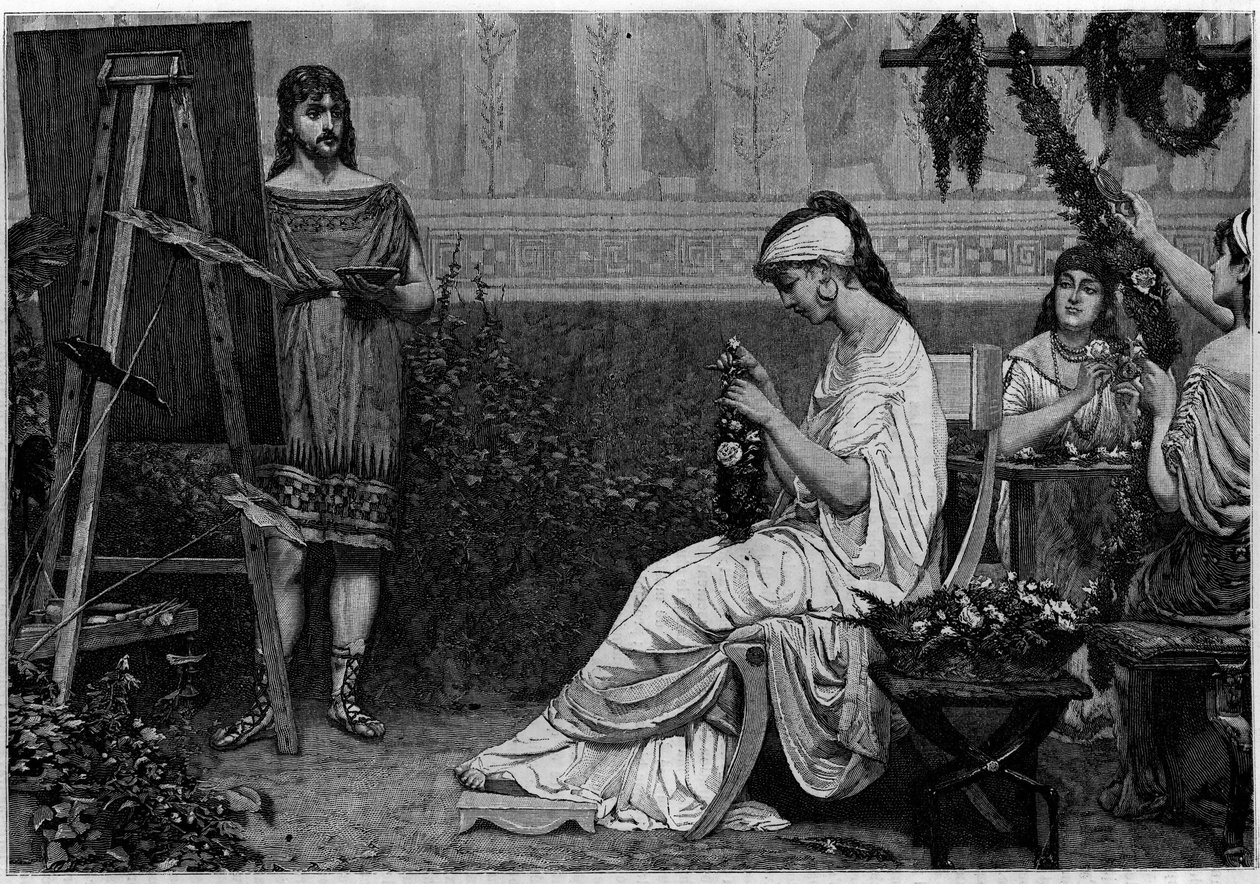 Glycer poserar framför den grekiske målaren Pausias (300-talet f.Kr.) för målningen "" Stephanopoclos""". Gravyr i "Le journal de la jeunesse"" av Unknown artist