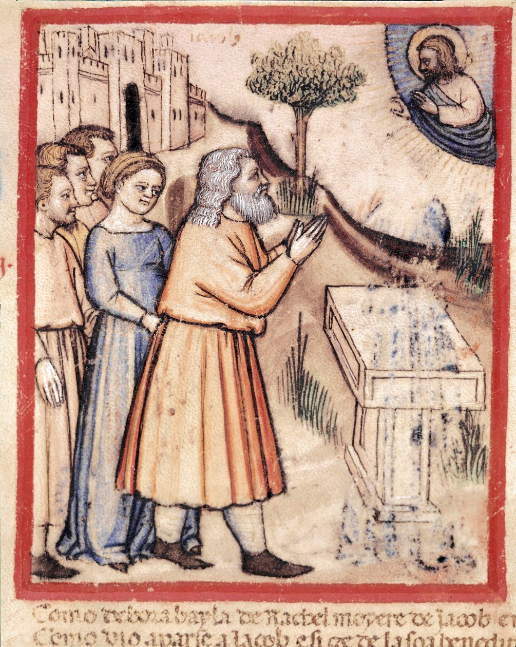 Gud visar sig för Jakob efter att ha byggt upp ett miniatyraltare från codex 212 (eller Padovano Codice eller Bible of Padua) 1390-1400 Rovigo, Accademia dei Concordi av Unknown artist