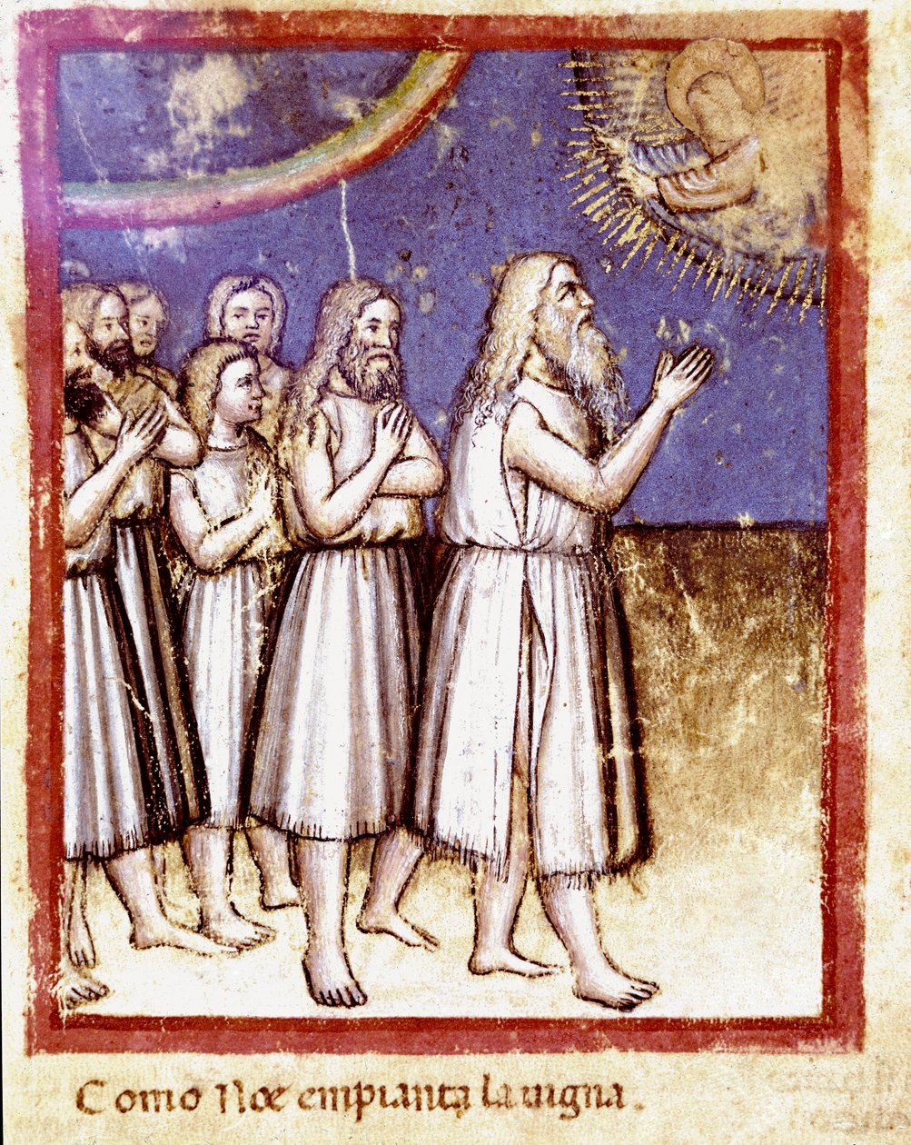 Gud välsignade Noe och hans familjs överlevande från Deluge Miniature från codex 212 (eller padovano codice eller Bible of Padua) 1390-1400 Rovigo, Accademia dei Concordi av Unknown artist