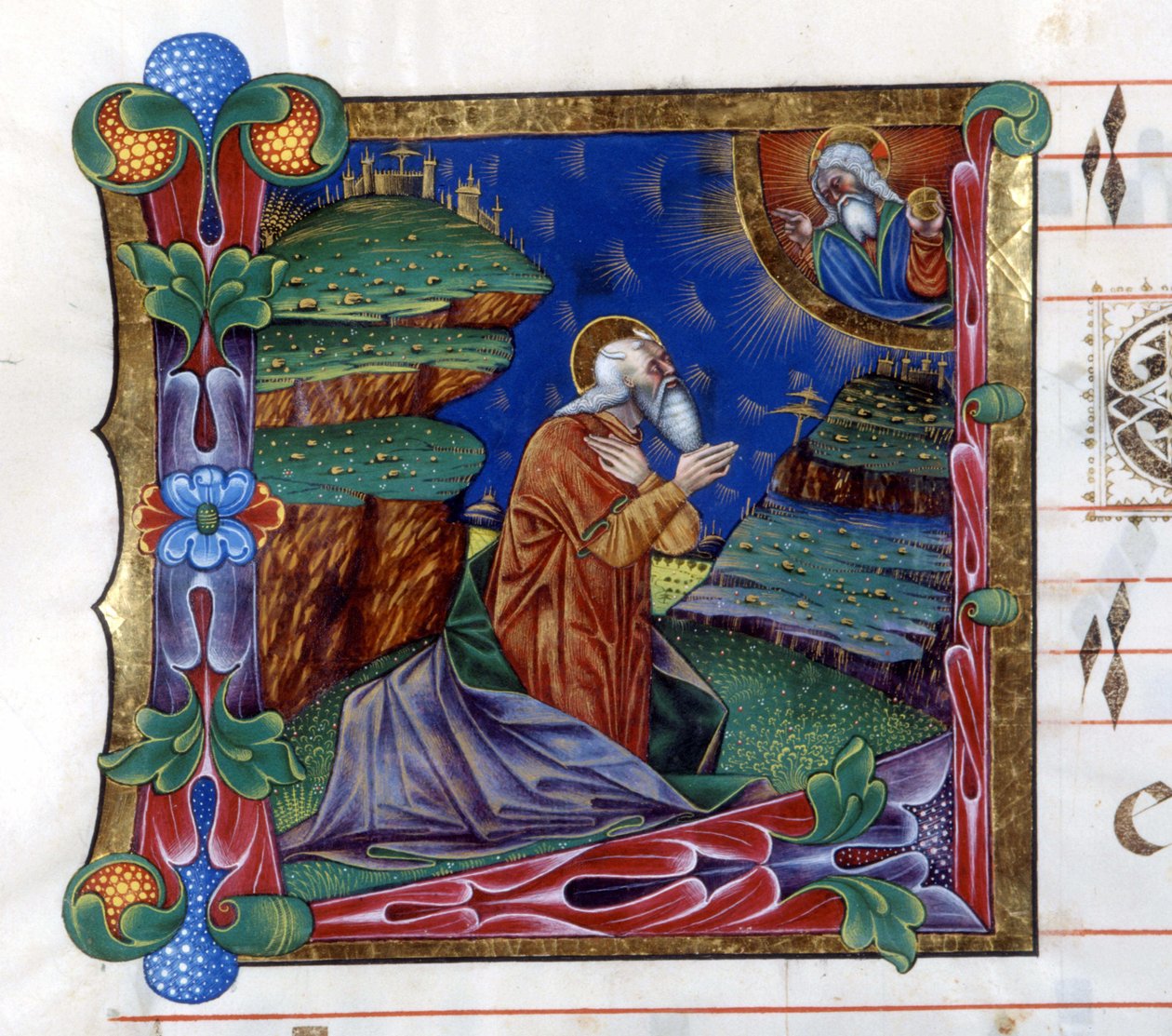 Gud beordrar Mose att skicka Israels folk från Egypten. Miniatyr från en 1400-talskör ("civitatis" av Saint Augustine).. av Unknown artist