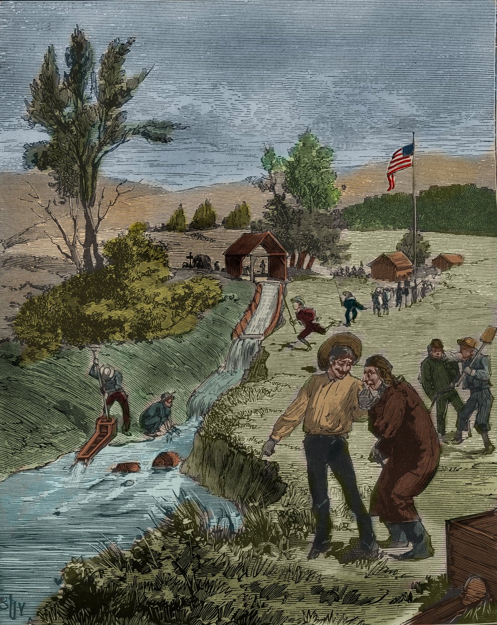Gold Rush: Guldsökare i Kalifornien tvättar grus i en bäck med en såll, etablering av kapten Sutter. Gravyr från 1885 i "" Les arts et metiers illustres"" av Adolphe BITARD. av Unknown artist