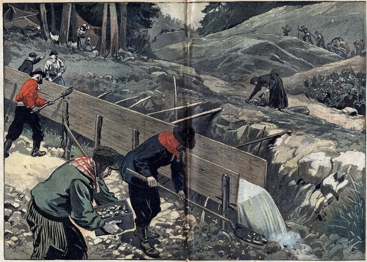 Gold Rush i Alaska: Guldsökare tvättar guldlera. En kvinna plockar upp pepiter medan nya guldsökare anländer till lägret. Illustration i "" Le Pelerin"" den 20 februari av Unknown artist