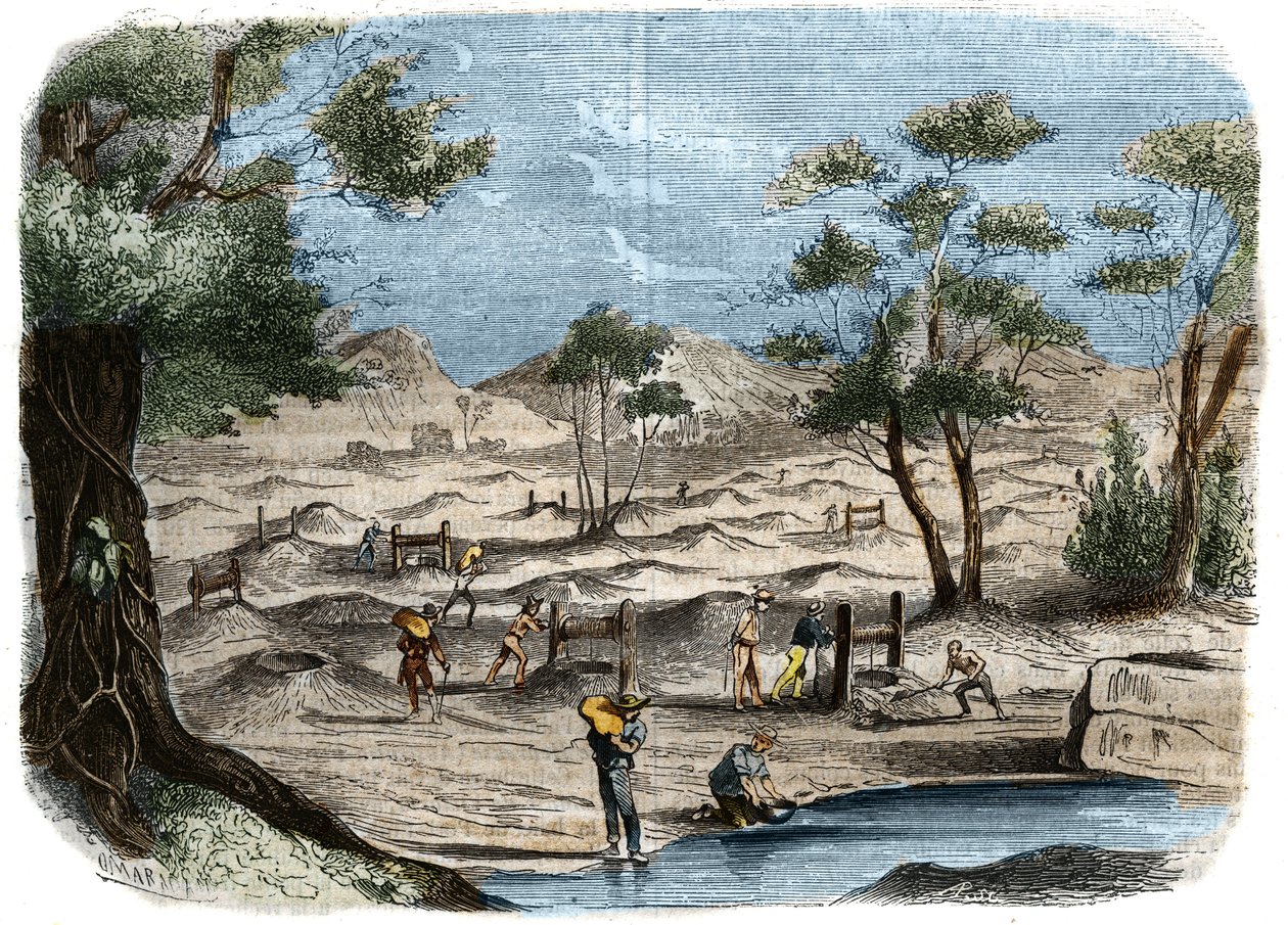 Gold Rush i Australien: syn på prospektörer i guldfälten i staden Bendigo. Gravyr från 1856 i "" Le Musee Des Sciences"" av Unknown artist