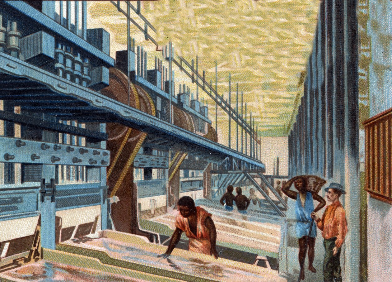 Guld grävning. Malmmalningen i burken tvättas med mycket vatten och passerar sedan över kopparplattorna för att separera guldet från de andra materialen. Kromolitografi i slutet av 1800-talet. av Unknown artist